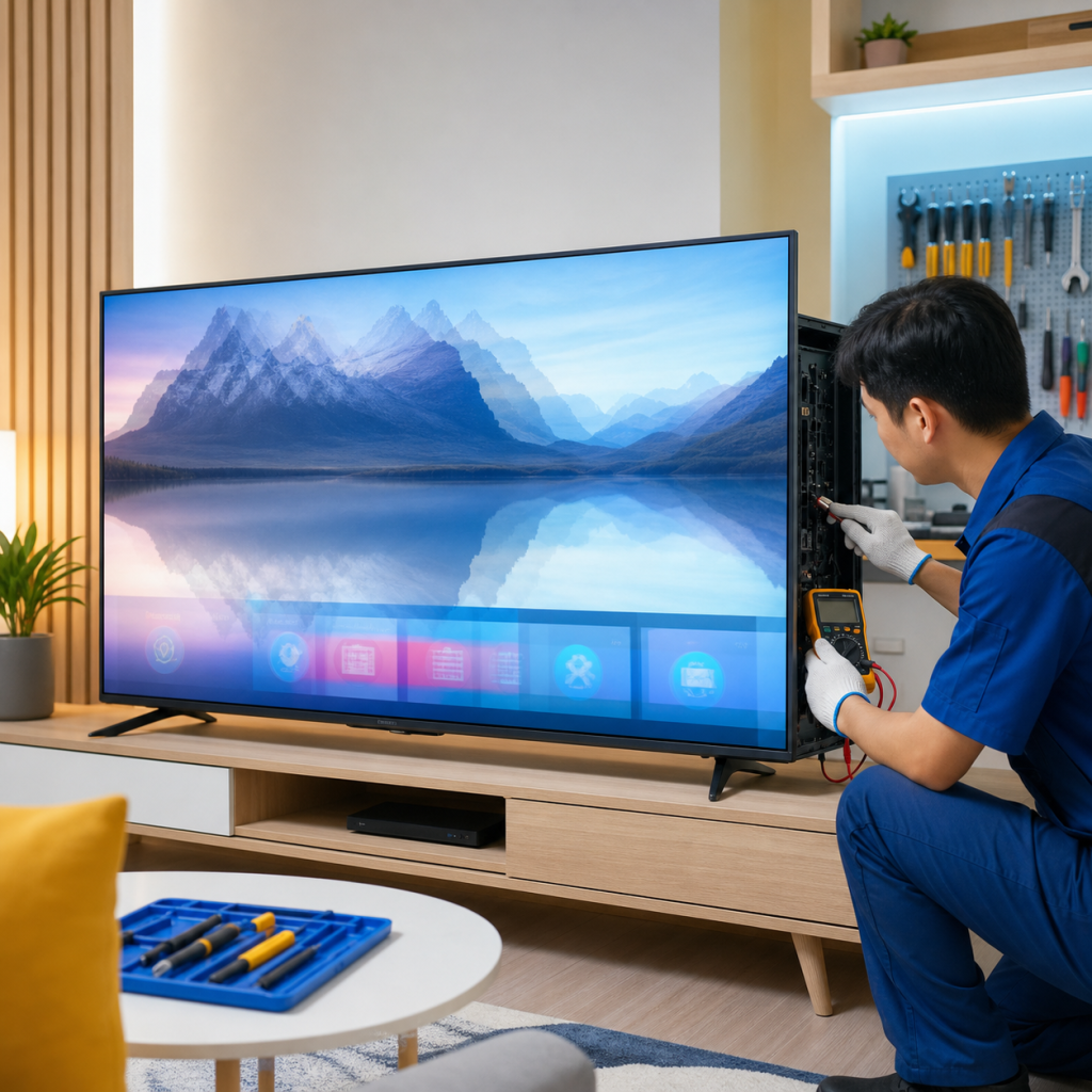 Kỹ thuật viên kiểm tra tivi bị chồng hình