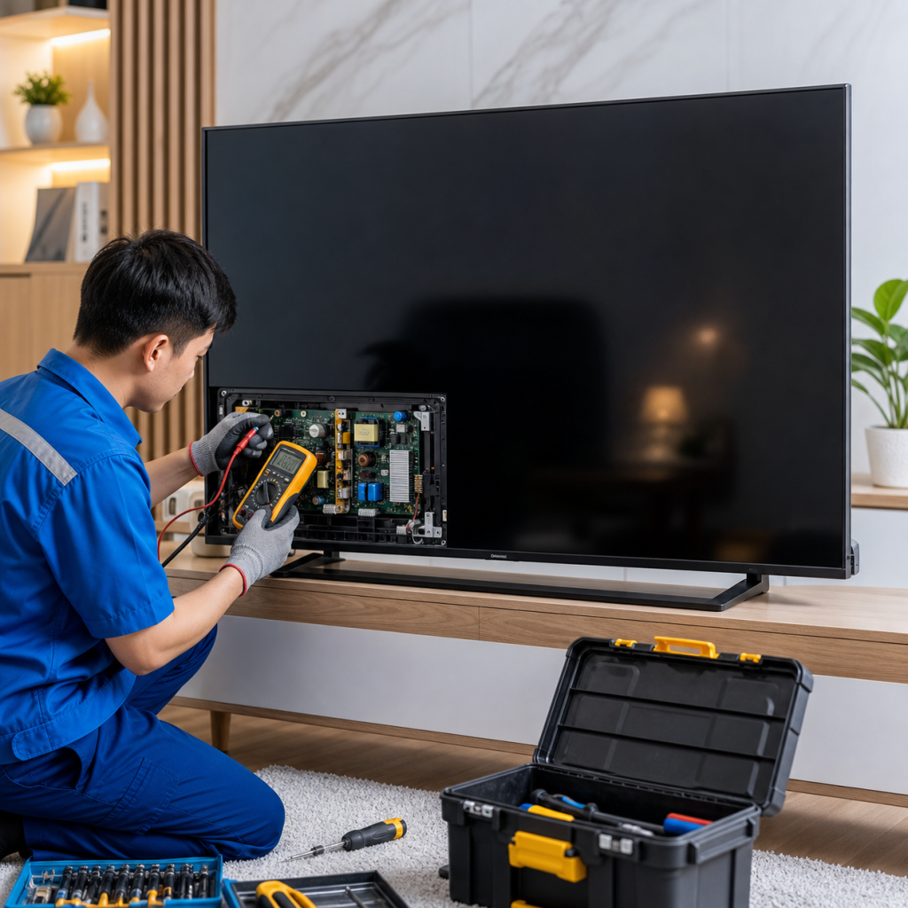 Kỹ thuật viên kiểm tra tivi bị đen màn hình