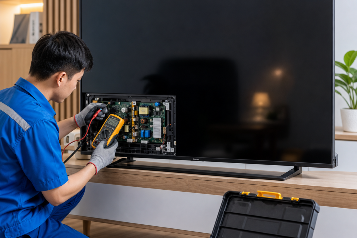 Kỹ thuật viên kiểm tra tivi bị đen màn hình