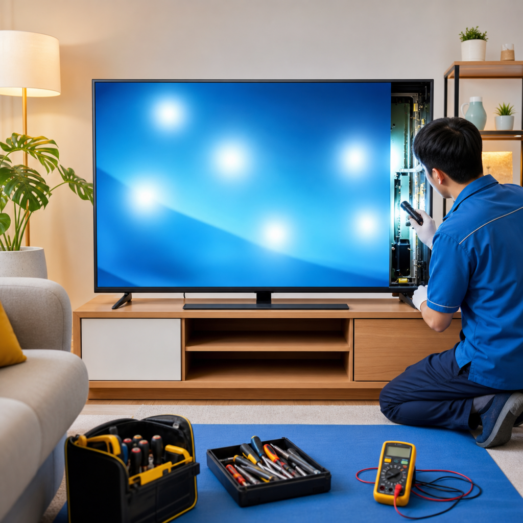 Kỹ thuật viên kiểm tra tivi bị đốm sáng