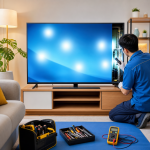 Kỹ thuật viên kiểm tra tivi bị đốm sáng