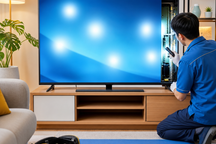 Kỹ thuật viên kiểm tra tivi bị đốm sáng