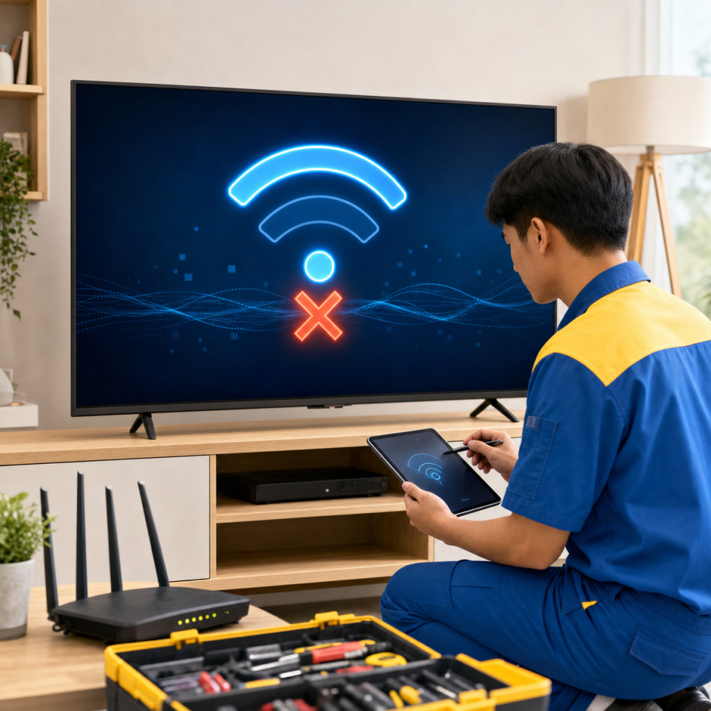 Kỹ thuật viên kiểm tra tivi bị lỗi Wi-Fi