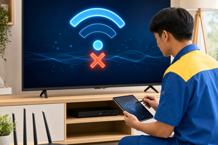 Kỹ thuật viên kiểm tra tivi bị lỗi Wi-Fi