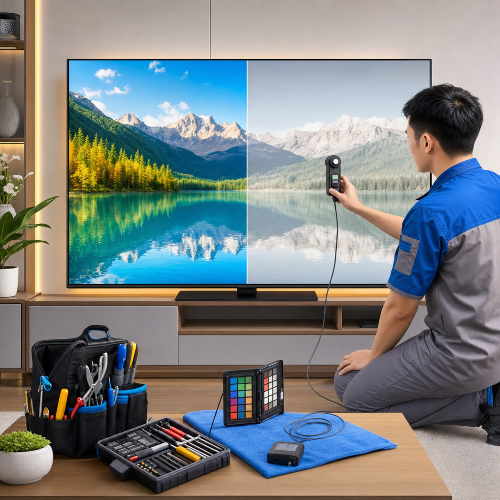 Kỹ thuật viên cân chỉnh tivi bị mất màu