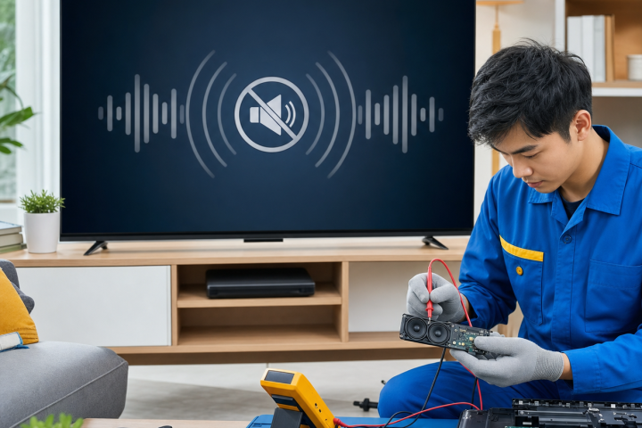 Kỹ thuật viên kiểm tra tivi bị mất tiếng
