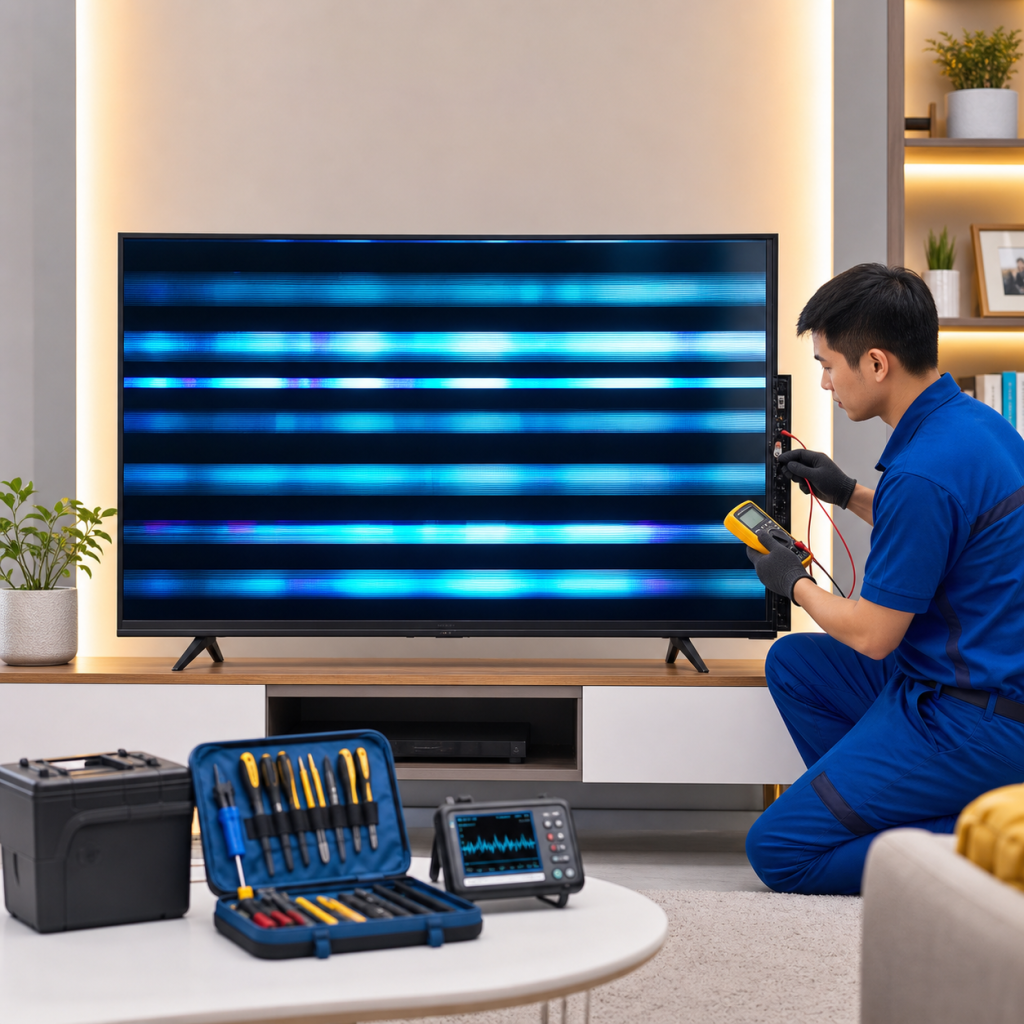 Kỹ thuật viên kiểm tra tivi bị nhấp nháy màn hình