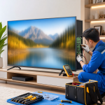 Kỹ thuật viên kiểm tra tivi bị nhòe hình