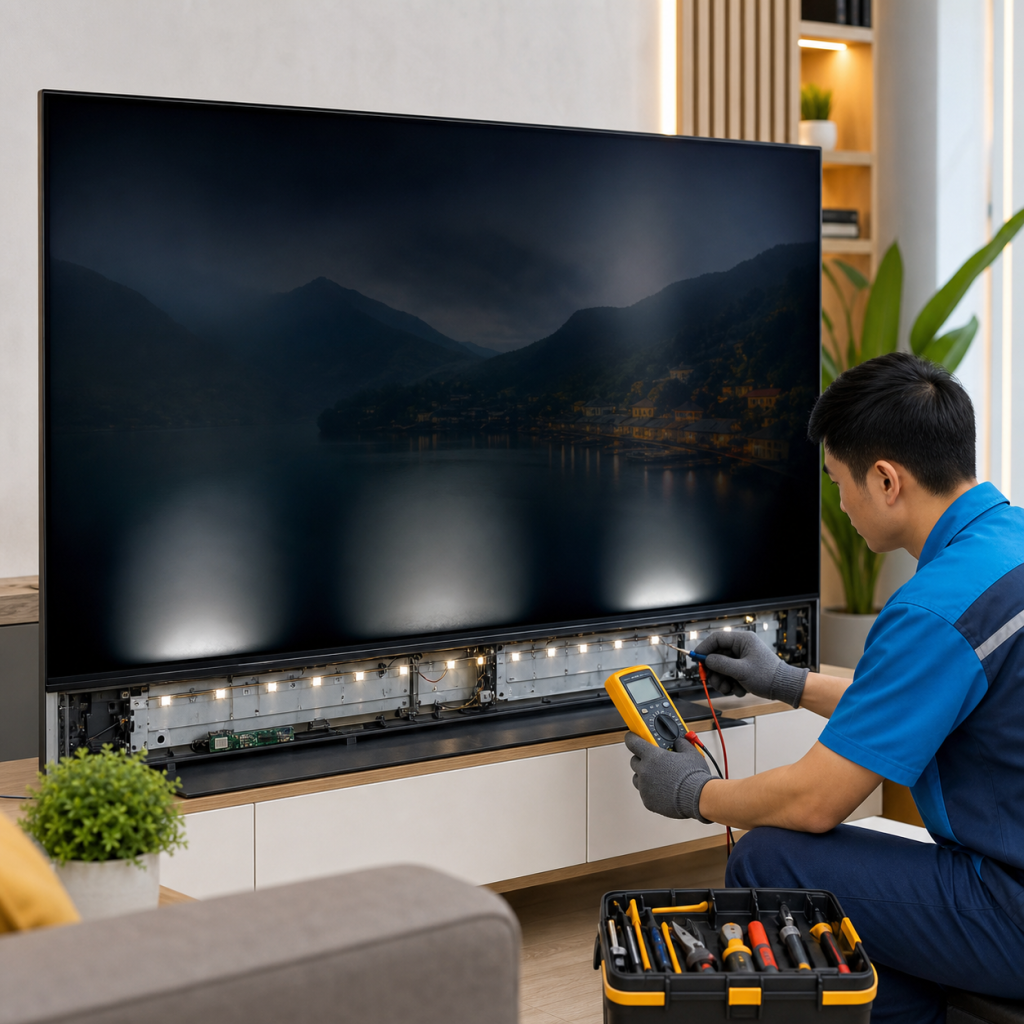 Kỹ thuật viên kiểm tra tivi bị tối màn hình