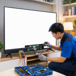 Kỹ thuật viên kiểm tra tivi bị trắng màn hình