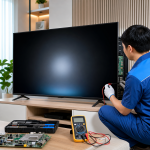 Kỹ thuật viên kiểm tra tivi không lên hình