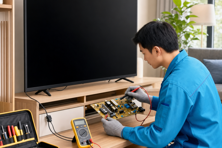 Kỹ thuật viên kiểm tra tivi không lên nguồn
