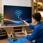 Kỹ thuật viên kiểm tra tivi không nhận điều khiển