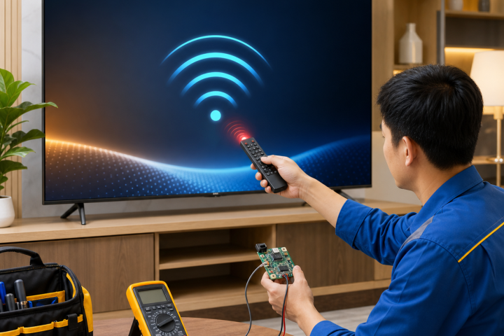 Kỹ thuật viên kiểm tra tivi không nhận điều khiển