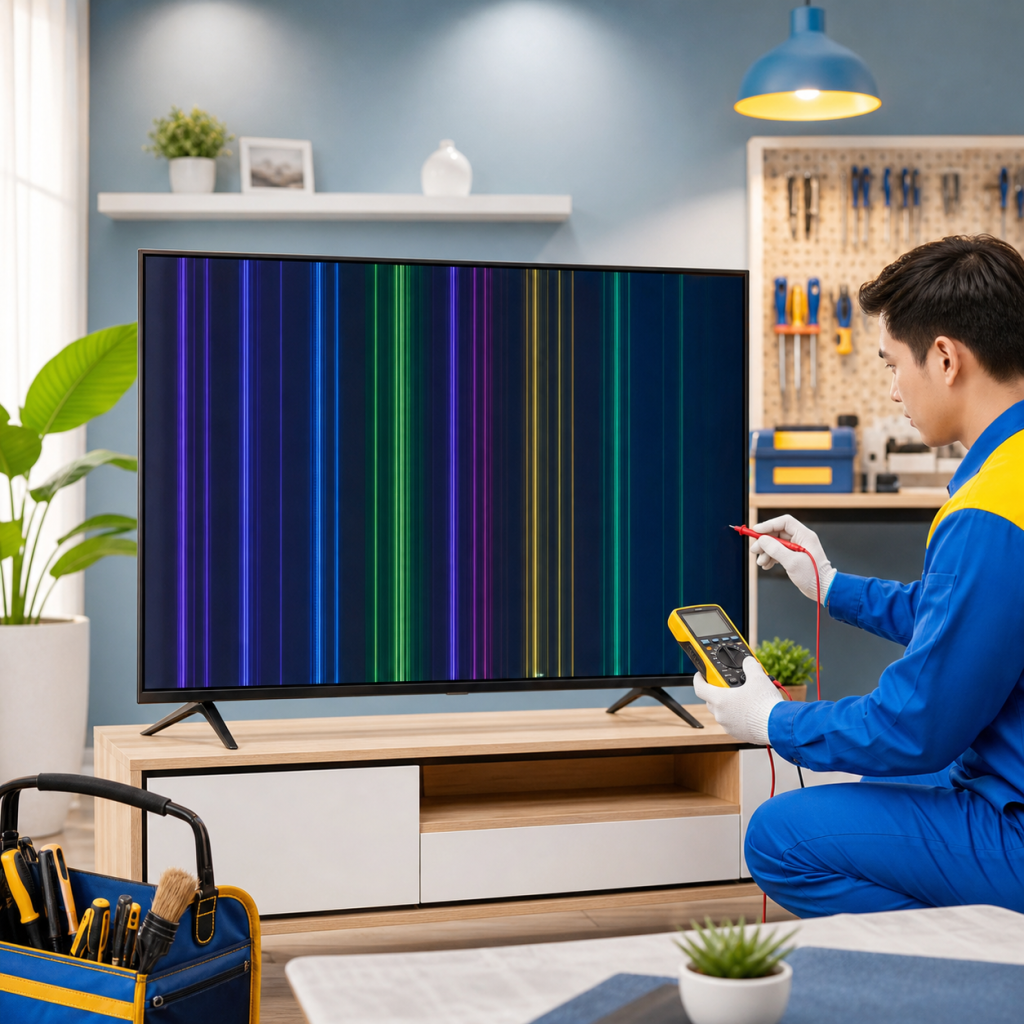 Kỹ thuật viên kiểm tra tivi bị sọc màn hình